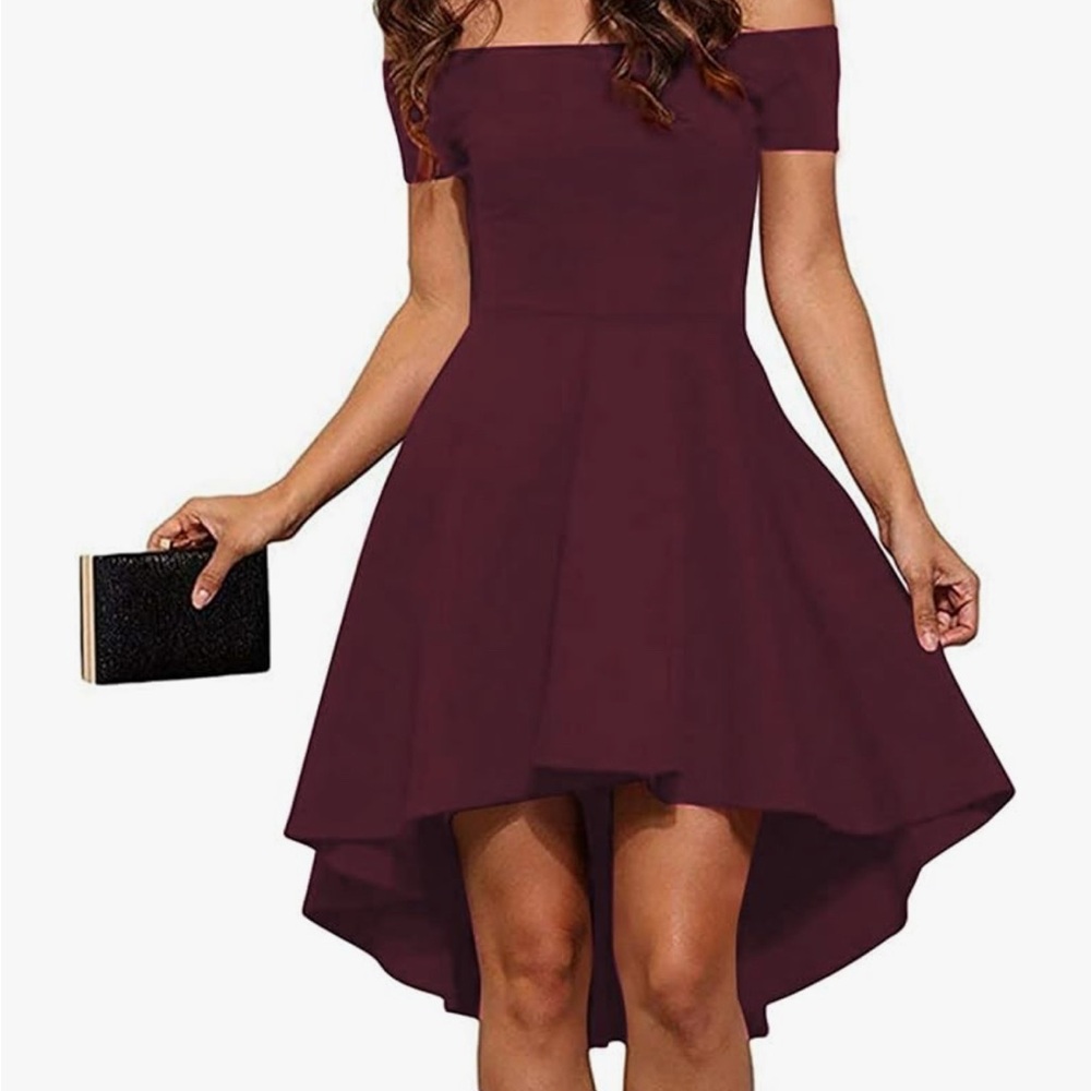 Elegant Off-Shoulder High Low Dress in Deep Burgundy